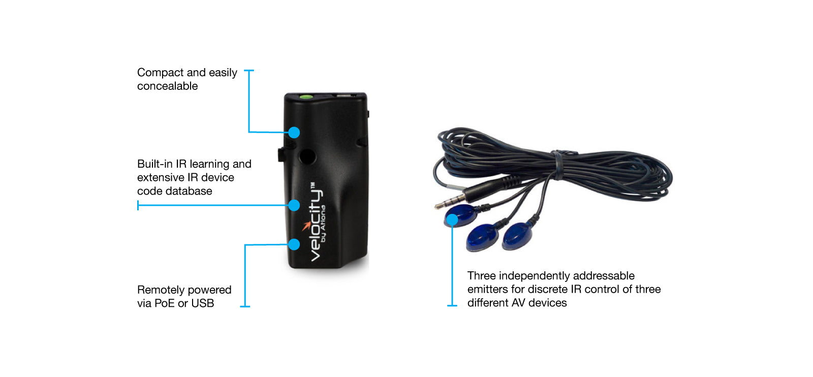 Atlona IP to IR Command Converter for Velocity Control System with Three Emitters