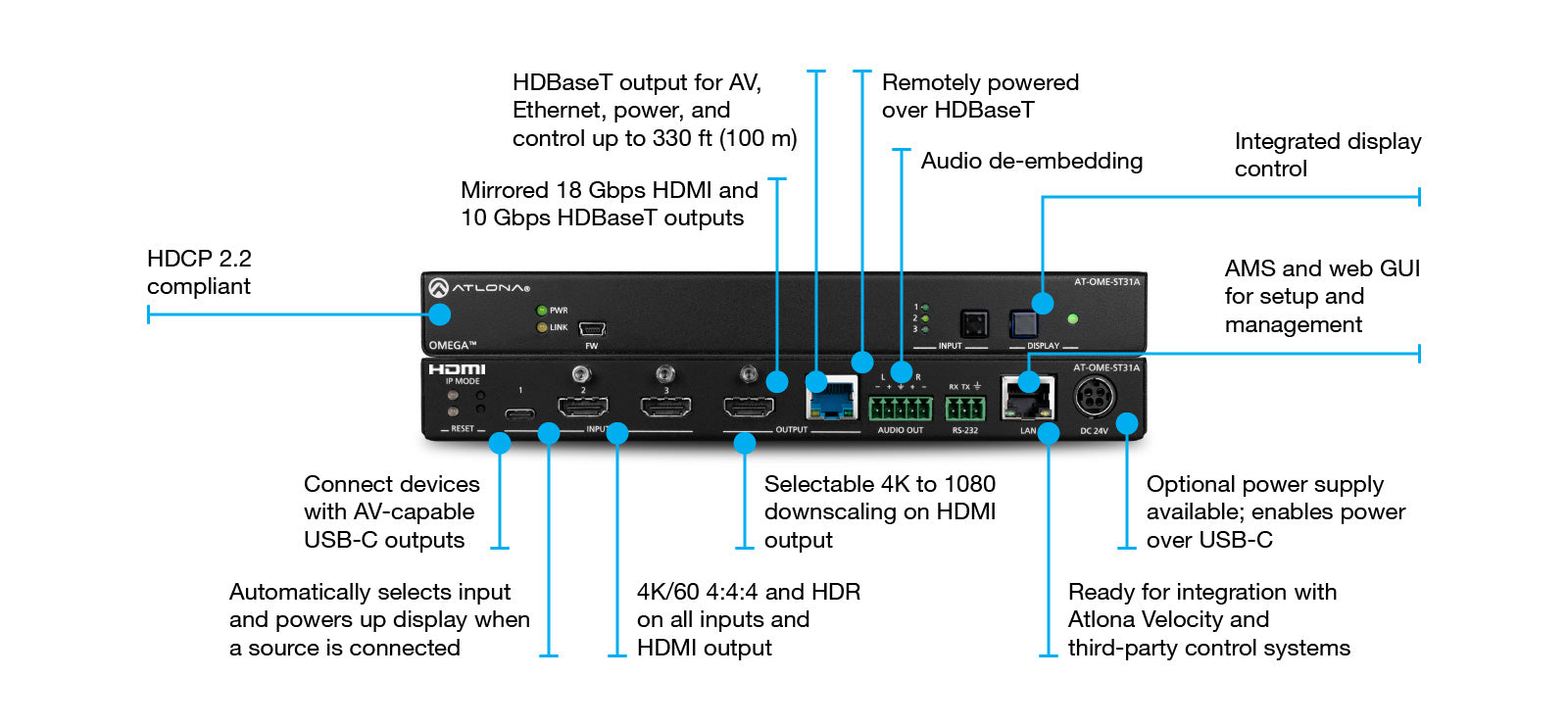 Atlona OME-ST31A Three-Input Switcher and HDBaseT Transmitter with USB-C and HDMI Inputs