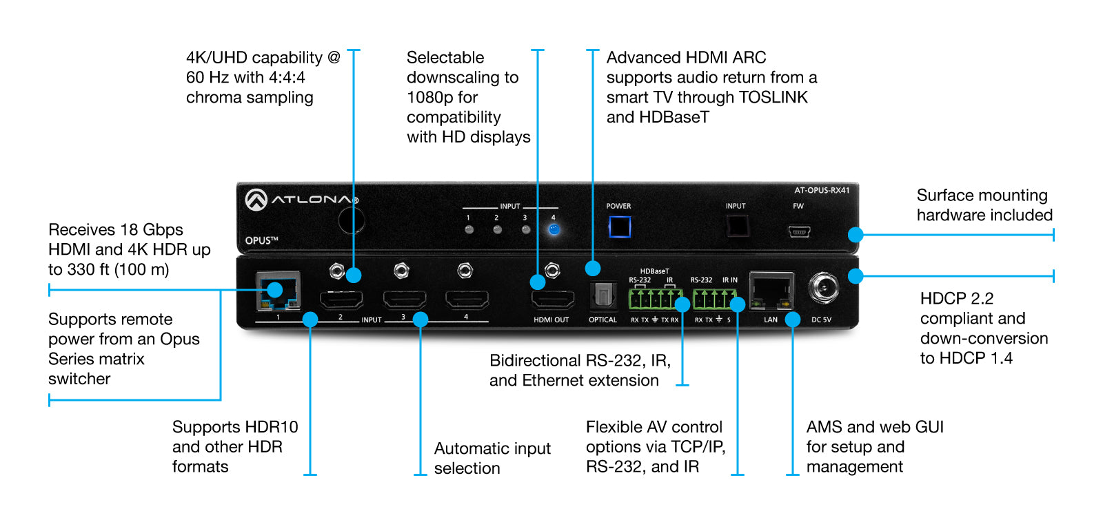 Atlona Four-Input 4K HDR Switcher with HDMI and HDBaseT Inputs